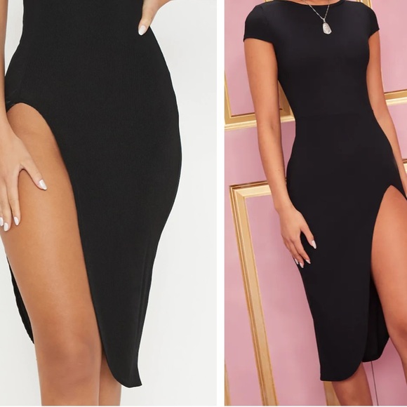 Ribbed Black Extreme Split Cap Sleeve Midi - Picture 3 of 6